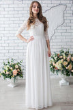 Long Half Sleeve Chiffon Wedding Dress,Lace Beach Floor-Length Bridal Dress HZ0509