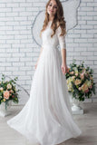Long Half Sleeve Chiffon Wedding Dress,Lace Beach Floor-Length Bridal Dress HZ0509