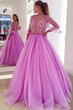 Fairy Ball Gown See Through Ruffled 3/4 Sleeves Tulle Long Prom Dresses with Appliques HZ0509