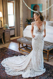 V-Neck Sleeveless Mermaid Backless Lace Pocket Wedding Dress With Court Train HZ0509