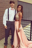 Neck Two Piece Pink Taffeta Long Beading Sexy Prom Dresses,2 Pieces Split Evening Dress HZ0509
