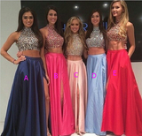 Neck Two Piece Pink Taffeta Long Beading Sexy Prom Dresses,2 Pieces Split Evening Dress HZ0509