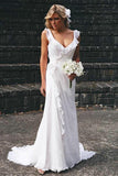 White V-neck Chiffon Ruffles Sleeveless Wedding Dress Bridal Gowns HZ0509