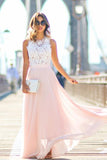 Chiffon A Line Long Prom Dresses,Blush Pink White Lace Evening Dresses HZ0509