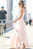 Chiffon A Line Long Prom Dresses,Blush Pink White Lace Evening Dresses HZ0509