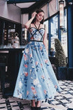 Blue Floral Printed A Line Long Prom Dress Pretty Party Dress HZ0509