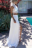 Two Pieces White Slit Prom Dresses,Fashion Sexy Long Evening Party Dress HZ0509