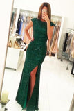 Cap Sleeves Dark Green Split-Front Open Back Long Sequin Sexy Mermaid Prom Dress HZ0509