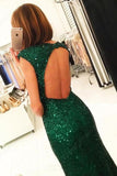 Cap Sleeves Dark Green Split-Front Open Back Long Sequin Sexy Mermaid Prom Dress HZ0509