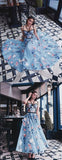 Blue Floral Printed A Line Long Prom Dress Pretty Party Dress HZ0509