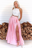 Two Pieces A Line Pink Lace Top Slit Prom Dresses With Pockets HZ0509