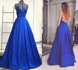 Blue Backless Sexy A Line Long Simple Ball Gown Spaghetti Strap Prom Dresses HZ0509