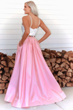 Two Pieces A Line Pink Lace Top Slit Prom Dresses With Pockets HZ0509