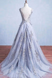 A-Line Round Neck Gray Tulle Ball Gown Long Prom Dress HZ0509