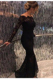 Black Elegant Off the Shoulder Long Lace Long Sleeves Sexy Prom Dress HZ0509