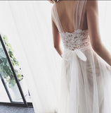 Tulle White Lace Beach Long Backless A Line Wedding Dresses HZ0509
