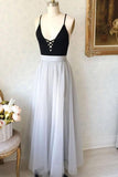 A-Line Spaghetti Straps Black Top Tulle Gray Long Prom Evening Dress HZ0509