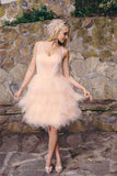 Length Blush Colored Layered Tulle Short Ruffles Wedding Dresses HZ0509
