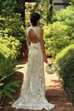 Lace Open Back Sweep Train Sheath Sleeveless Wedding Dresses HZ0509