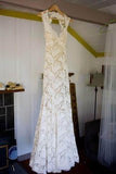 Lace Open Back Sweep Train Sheath Sleeveless Wedding Dresses HZ0509