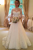 Lace A-line Long Sleeves High Neck Open Back Wedding Dresses HZ0509