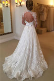 Lace A-line Long Sleeves High Neck Open Back Wedding Dresses HZ0509