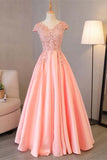 Pink A Line Cap Sleeves Appliques Beaded Long Prom Dresses HZ0509