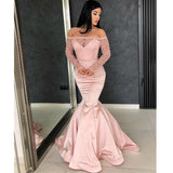 the Shoulder Long Sleeves Mermaid Lace Top Pink Long Prom Dresses HZ0509