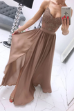 A Line Spaghetti Straps Appliques Long Prom Dress With Slit HZ0509