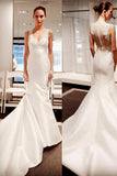 Button Mermaid Gorgeous V-Neck Satin Wedding Dress With Lace Appliques HZ0509