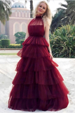 Tulle Tiered High Neck Long Elegant Prom Dresses HZ0509