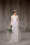 Straps Backless Grey Tulle Long Wedding Dresses With Lace Applique HZ0509