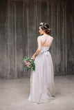 Straps Backless Grey Tulle Long Wedding Dresses With Lace Applique HZ0509