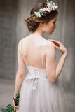 Straps Backless Grey Tulle Long Wedding Dresses With Lace Applique HZ0509
