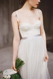 Straps Backless Grey Tulle Long Wedding Dresses With Lace Applique HZ0509