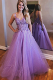 Purple A Line Tulle Appliques Lace Up Back Prom Dresses Formal Evening Dress HZ0509