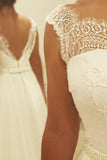 Ivory A Line Backless Chiffon Long Wedding Dress With Lace Top HZ0509