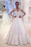 A Line V Neck Long Sleeves Appliques Wedding Dresses With Sweep Train HZ0509