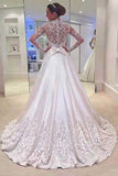 A Line V Neck Long Sleeves Appliques Wedding Dresses With Sweep Train HZ0509