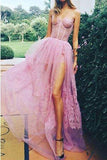 Pink Sweetheart Side Split Lace Appliques Pretty Long Prom Party Dress HZ0509