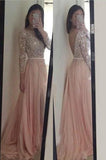 Pink Long Sleeves Lace Backless Prom Dresses, Long Evening Dress HZ0509