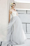 White Top A-line Lace Grey Tulle Strapless Sweetheart Neck Wedding Dresses HZ0509
