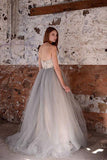 White Top A-line Lace Grey Tulle Strapless Sweetheart Neck Wedding Dresses HZ0509