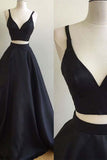 Black Burgundy Satins V-neck Two Pieces A-line Prom Dresses HZ0509