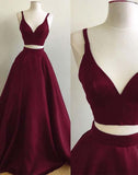 Black Burgundy Satins V-neck Two Pieces A-line Prom Dresses HZ0509
