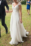 Ivory Cap Sleeves Lace Top Backless Chiffon A Line Beach Wedding Dresses HZ0509