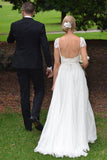 Ivory Cap Sleeves Lace Top Backless Chiffon A Line Beach Wedding Dresses HZ0509