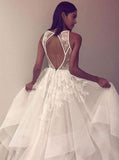 Line Tulle Appliques Long Prom Dress Open Back Cheap Wedding Dress HZ0509