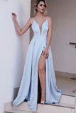 Blue Spaghetti Split Prom Dresses 2025 Long Sexy A Line Evening Gowns HZ0509