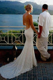 Spaghetti Straps Sexy Backless Long Lace Mermaid Beach Wedding Dresses HZ0509